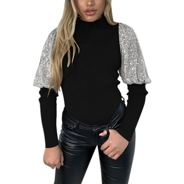 Womens Casual Tee Tops High Neck Ladies T-Shirt Blouse Sequins Lantern Sleeve US